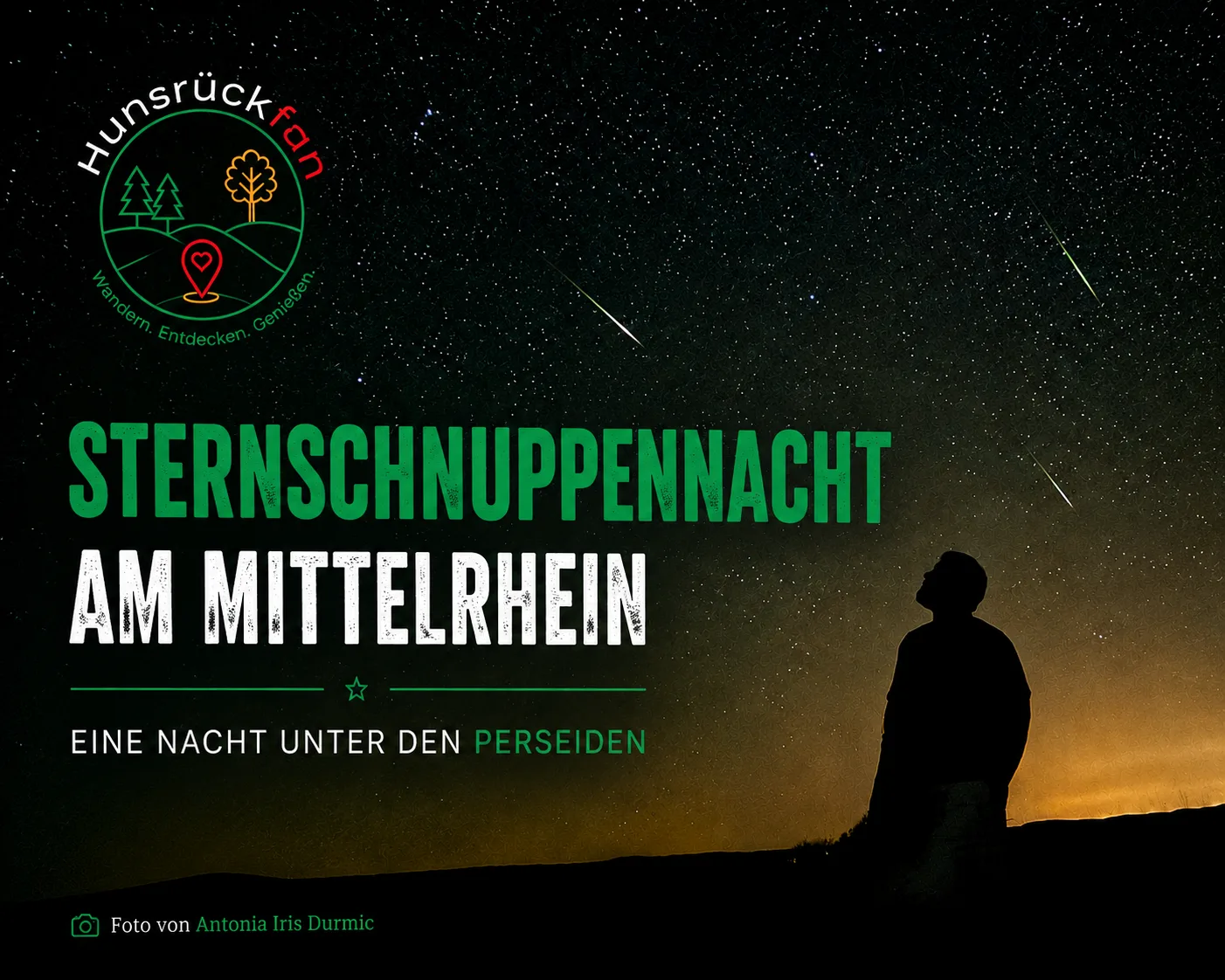 Sternschnuppennacht am Mittelrhein – Sternenhimmel über dem Hunsrück mit Silhouette während der Perseiden-Wanderung